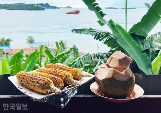 바탐 도로변 휴게소의 간식. 구운 옥수수와 코코넛을 팔고 있다.