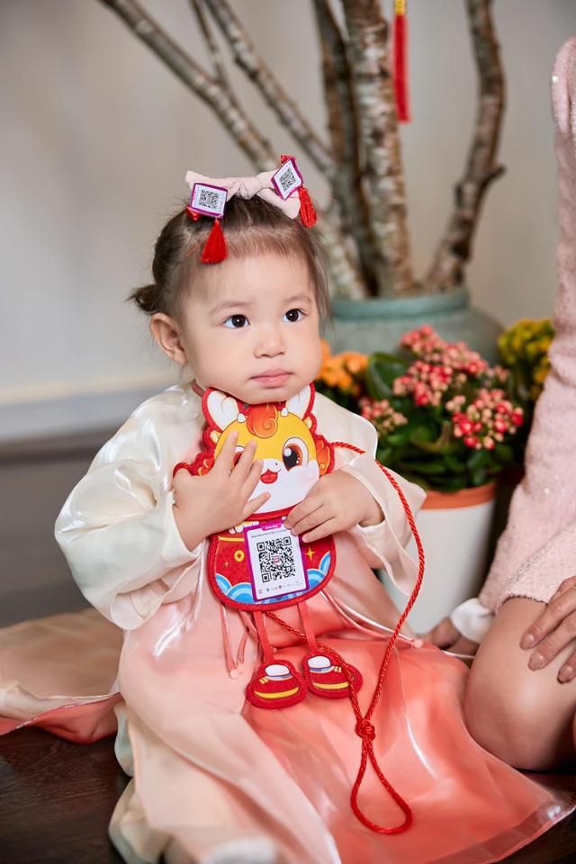 베트남 유명 인플루언서 살림(Sarlim)의 딸이 지난해 음력설(뗏)을 앞두고 QR코드가 새겨진 복주머니를 들고 있다. 머리핀에도 QR코드가 담겨 있다. 휴대폰으로 이 코드를 읽으면 세뱃돈이 아이 또는 보호자의 전자 지갑으로 보내진다. 살림 페이스북 캡처