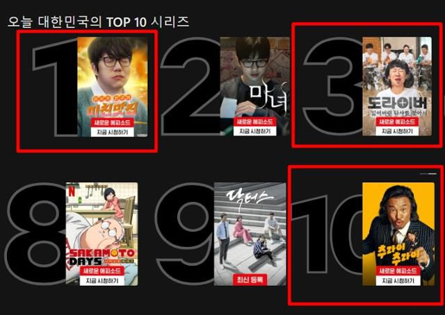 4일 넷플릭스의 국내 콘텐츠 인기 순위 10위(TOP 10)에 새로 편성된 예능 프로그램 3개가 이름을 올렸다. 넷플릭스 캡처
