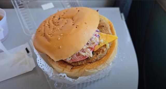 지난해 11월 러시아 유튜버 '빅토르'의 채널을 통해 공개된 북한 고려항공 기내식 햄버거. 유튜브 'PoletMe Aviation Videos' 캡처