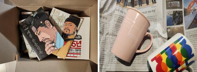 플라스틱 포장 박스를 새로 구매하는 대신 라면 상자에 책을 담고, 뽁뽁이로 불리는 플라스틱 소재 내장재 대신 신문지와 수건으로 유리컵을 포장했습니다. 송주용 기자