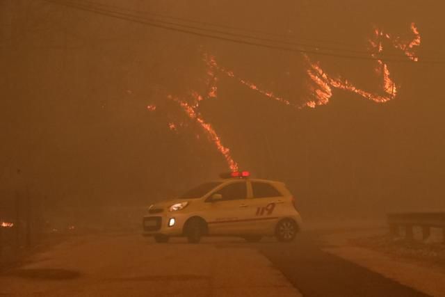 의성 산불 나흘째인 25일 오후 경북 안동시 길안면 백자리에 강풍이 불어 주변 산이 화염에 휩싸인 가운데 소방관계자들이 대피 명령이 내려진 마을을 통제하고 있다. 뉴스1