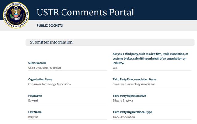 미국소비자기술협회(CTA)가 이달 11일 미국무역대표부(USTR) 홈페이지에 '불공정 무역 관행' 관련 의견서를 제출했다. USTR 홈페이지 캡처