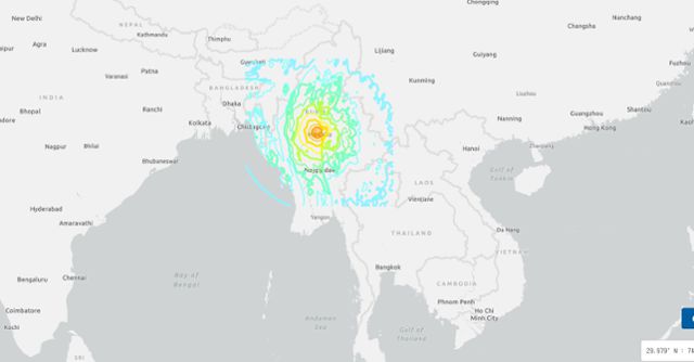28일 미얀마 규모 7.7 강진 발생 위치. 미국 지질조사국(USGS) 캡처