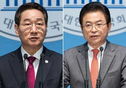 유정복(왼쪽 사진) 인천시장과 이철우 경북지사가 9일 국회 소통관에서 대선 출마를 선언했다. 뉴스1