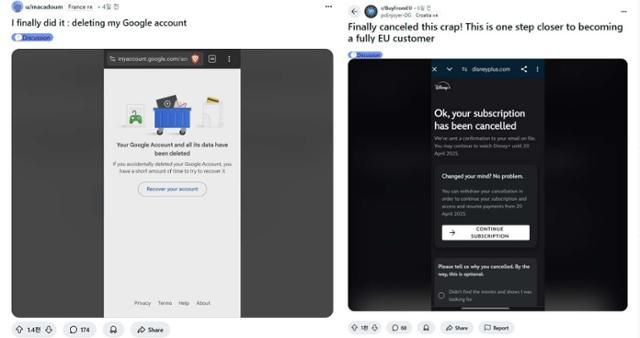 전 세계에서 이용되는 온라인 커뮤니티 '레딧'에 지난 2월 생성된 '바이 프롬 EU(Buy from EU)' 페이지에는 미국 상품을 더 이상 소비하지 않겠다는 인증 글이 활발하게 올라오고 있다. 레딧 캡처