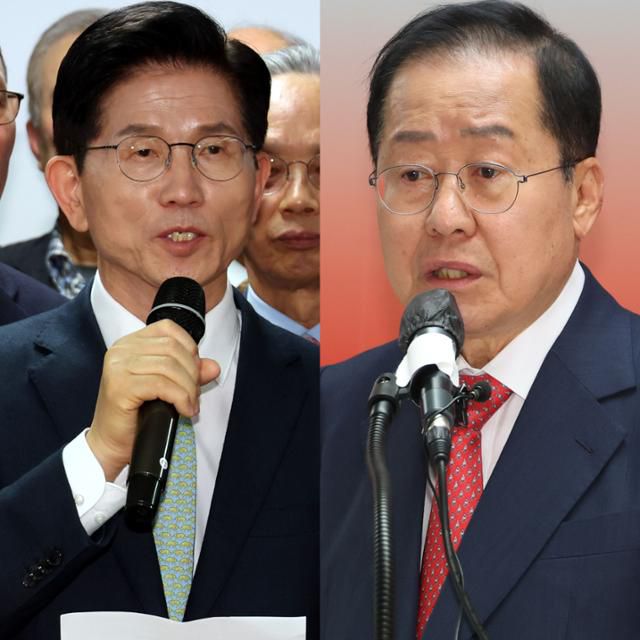 김문수(왼쪽) 전 고용노동부 장관과 홍준표 전 대구시장. 뉴시스