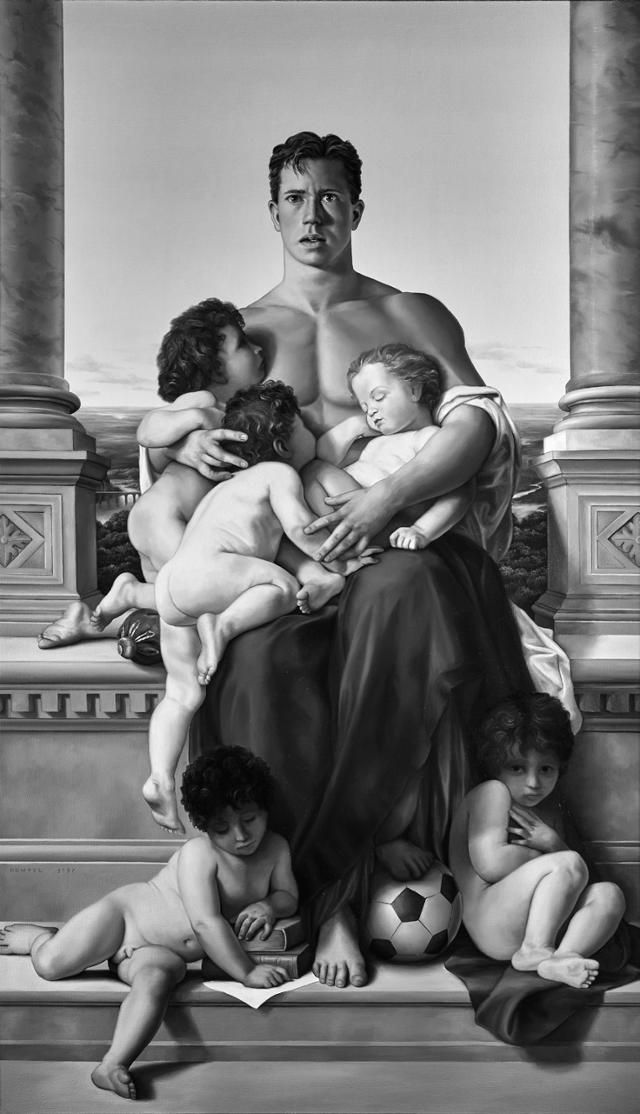 미국 덴버미술관에 전시돼 있는 웨스 헴펠의 20세기 후반 작품인 '아버지됨'. 남성 양육자는 능숙한 모습보다는 충격을 받은 모습이다. 에이도스 제공