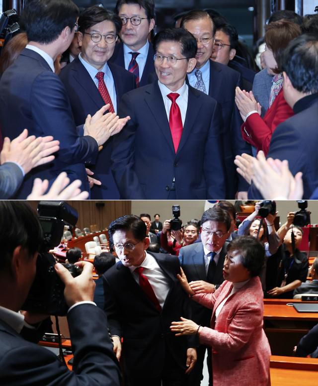 김문수(맨 앞 가운데) 국민의힘 대선 후보가 9일 서울 여의도 국회에서 권영세(뒷줄 오른쪽) 비대위원장, 권성동 원내대표와 의원총회에 입장하며 박수를 받고 있다(위 사진). 김 후보가 지도부를 향해 무소속을 당 후보 만들려는 불법부당 행위를 중단하라는 입장을 밝힌 뒤 의총장을 떠나자 의원들이 붙잡고 있다. 뉴스1