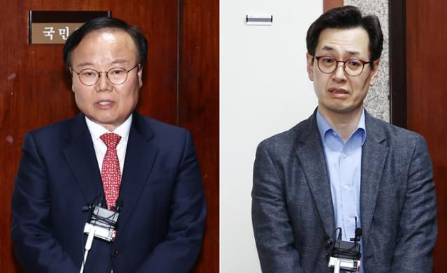 김문수 국민의힘 대선 후보 대리인인 김재원(왼쪽) 비서실장과 한덕수 전 국무총리 대리인인 손영택 전 국무총리 비서실장이 9일 국회에서 열린 단일화 협상 관련 회동을 마치고 각각 브리핑을 하고 있다. 뉴스1