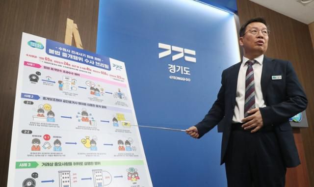 지난해 12월 14일 경기 수원시 영통구 경기도청 브리핑룸에서 고중국 경기도 토지정보과장이 정씨 일가 등의 전세사기 피해 관련 불법 중개행위 수사 결과를 설명하고 있다. 뉴스1