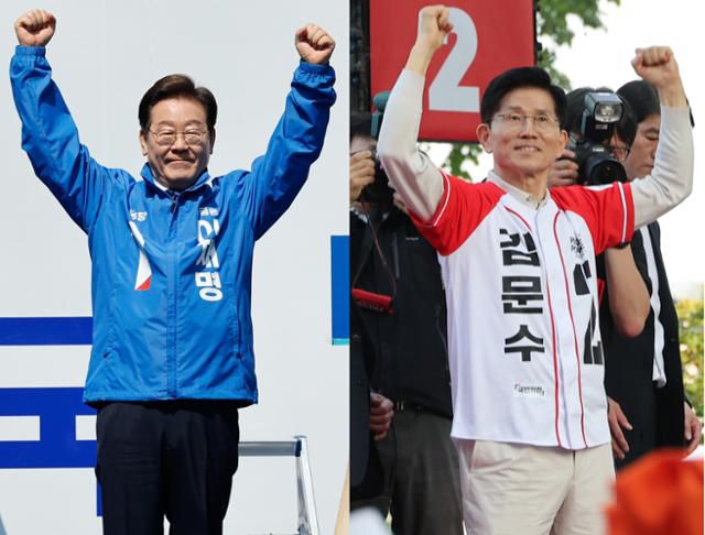 이재명(왼쪽 사진) 더불어민주당 대선 후보와 김문수 국민의힘 후보가 6·3 대선 공식 선거운동 첫날인 12일 서울 중구 청계광장, 대구 서문시장에서 각각 지지를 호소하고 있다. 뉴스1