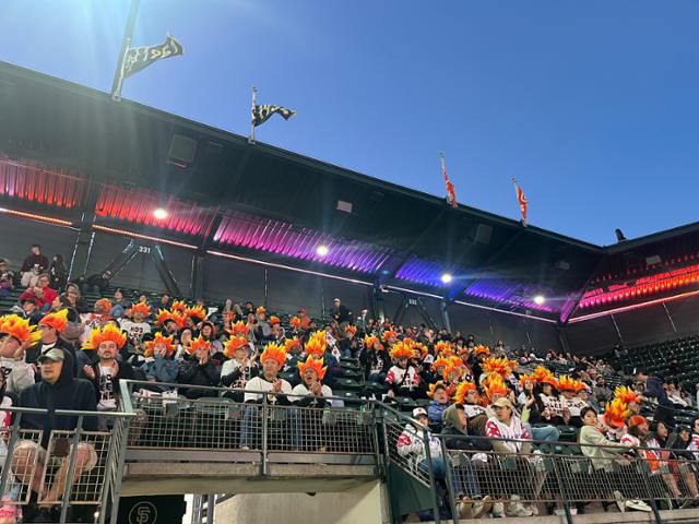 13일 미국 캘리포니아주 샌프란시스코의 오라클 파크에서 열린 샌프란시스코와 애리조나의 경기에서 이정후 팬클럽 '후리건스' 일원들이 외야석에 모여 앉아 경기를 지켜보고 있다. 샌프란시스코=이서희 특파원