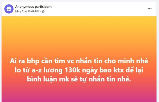 13일 한국에서 공부하는 베트남 유학생들이 가입한 페이스북 그룹에 구인 게시글이 올라와 있다. 불법 체류자를 채용하며, 일당은 13만 원, 숙식과 교통이 모두 제공된다고 적혀 있다. 어떤 일을 하는지 구체적으로 언급되지 않았다. 페이스북 캡처