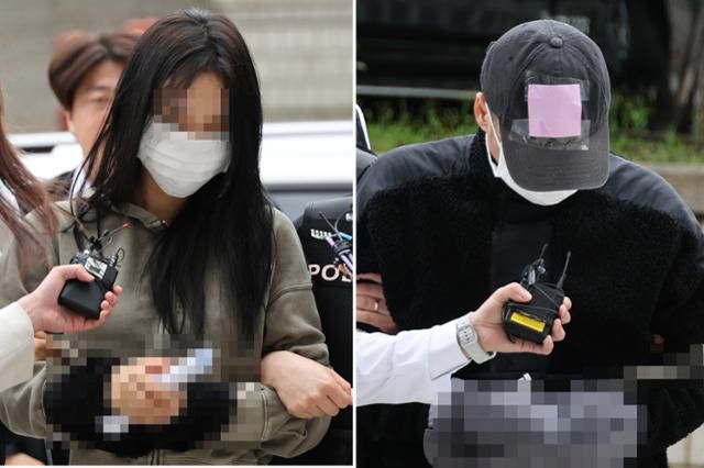 한국 축구대표팀 주장 손흥민의 아이를 임신했다고 주장하며 손씨에게 돈을 뜯어내려 한 20대 여성 양모(왼쪽)씨와 40대 남성 용모씨가 17일 영장실질심사를 받기 위해 서울중앙지법에 들어서고 있다. 연합뉴스