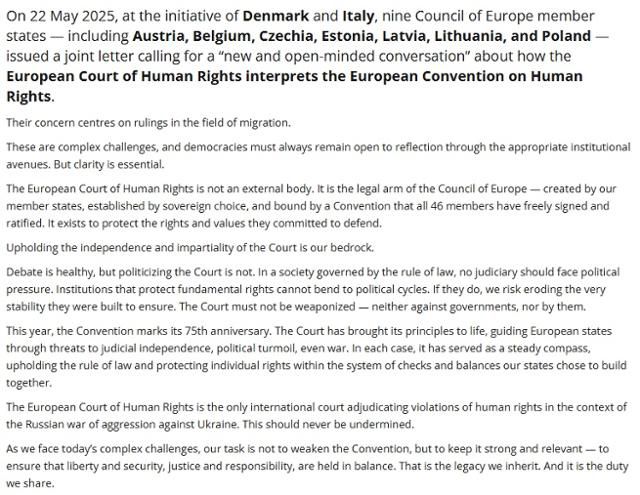 알랭 베르세 유럽평의회 사무총장이 24일 유럽 9개국을 겨냥해 낸 견해. '불법 이민자를 보다 쉽고 빠르게 추방해야 하는데 유럽인권재판소(ECHR)가 유럽인권협약을 지나치게 엄격하게 적용해 어려움이 있다'는 유럽 9개국에 대해 사법부를 정치화하지 말라고 비판했다. 유럽평의회 홈페이지 캡처