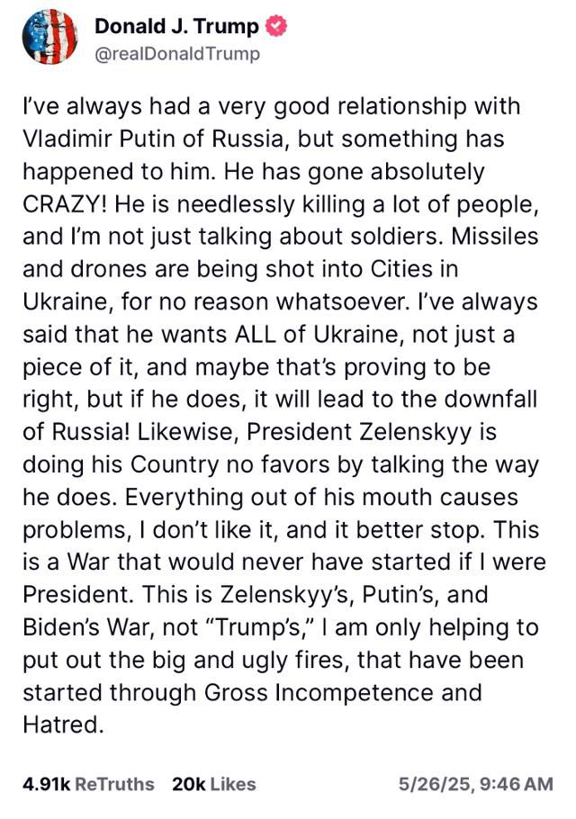 도널드 트럼프 미국 대통령이 26일(현지시간) 자신의 소셜관계망서비스(SNS) 트루스소셜에 올린 포스팅 트루스소셜 캡처