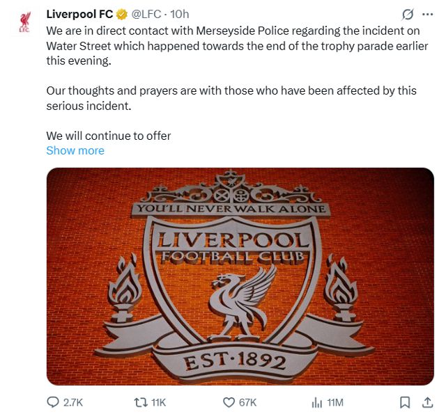 리버풀FC가 26일 사회관계망서비스(SNS) X에 올린 포스팅. X 캡처