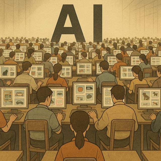 신간 'AI는 인간을 먹고 자란다'는 인공지능(AI) 신화에 가려진 보이지 않는 노동자들을 조명한다. 챗GPT 생성 이미지