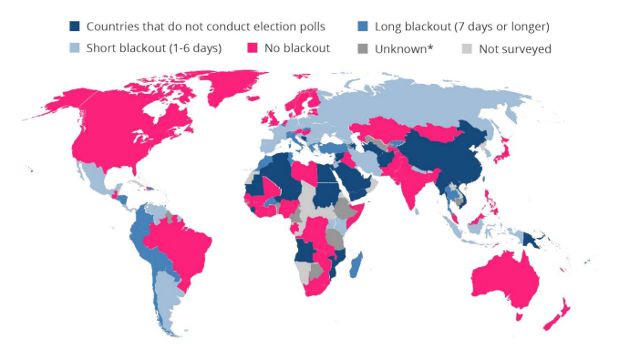 세계여론조사협회가 2023년 발표한 각국의 '선거 깜깜이 기간'을 색깔로 표시한 세계 지도. 붉은색으로 칠해진 국가는 여론조사 공표금지 조항이 없는 곳이며, 덜 푸른색으로 칠해진 국가는 공표금지 기간이 1~6일에 해당하는 나라다. 세계여론조사협회 자료 캡처