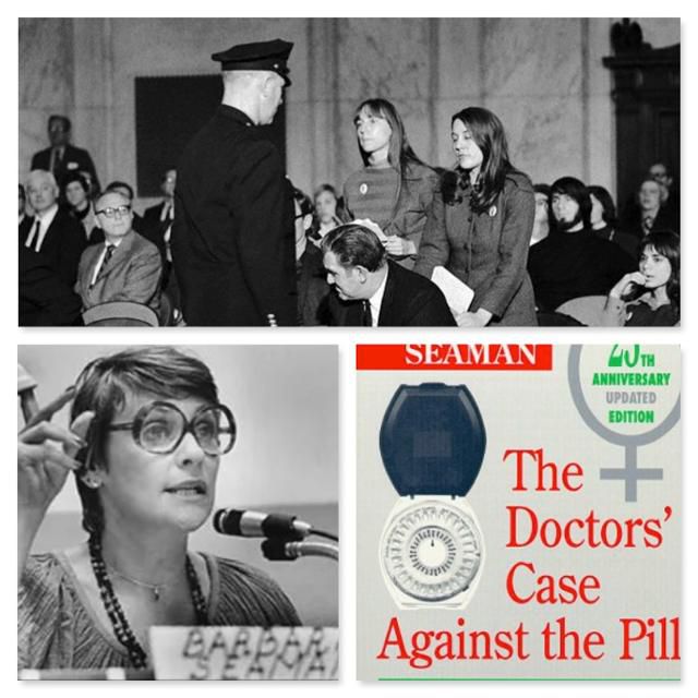 경구피임약의 부작용에 대한 1970년 미 상원 '넬슨 청문회'가 여성들의 발언 기회를 박탈하자 청문회장에서 침묵시위를 벌이는 여성들(nyamcenterforhistory.org). 아래 왼쪽은 '전미여성보건네트워크'의 창립자 바버라 시먼, 오른쪽은 시먼의 69년 책 표지. 위키피디아
