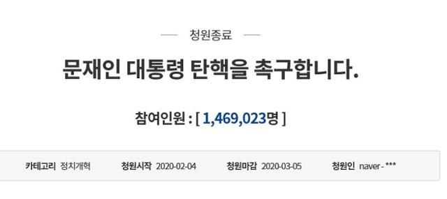 2020년 2월 청와대 국민청원 게시판에 올라온 '문재인 대통령 탄핵 촉구 청원' 게시글. 청와대 홈페이지 캡처