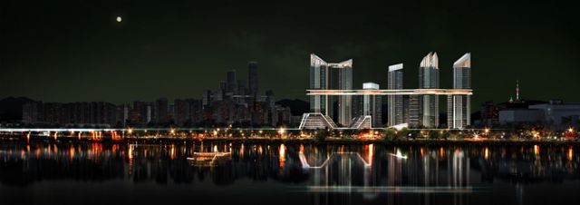 HDC현대산업개발이 서울 용산구 한강로3가 40-641일대 7만1,901㎡ 부지에서 진행되는 도시정비사업인 용산 정비창 전면 1구역 재개발 구역에 제시한 조감도, HDC현대산업개발은 ‘The Line 330’은 SMDP(건축디자인), LERA(구조설계), 삼성물산 리조트부문(조경), CBRE(비주거부동산컨설팅), LPA(경관조명), 파크햐얏트(호텔) 등이 포함된 월드클래스 협업을 통한 용산을 넘어선 서울의 랜드마크를 실현한다는 포부를 밝혔다.