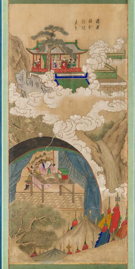 양소유가 용왕의 딸 백능파를 만나는 꿈을 꾸는 장면이 묘사된 구운몽도 병풍 6폭. 국가유산청 제공