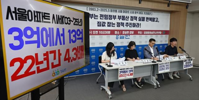 25일 서울 종로구 경제정의실천시민연합(경실련)에서 열린 2003.2~2025.5 정권별 서울 아파트 시세 분석 결과 발표 기자회견에서 정택수(오른쪽) 부동산국책사업팀 부장이 발언하고 있다. 연합뉴스