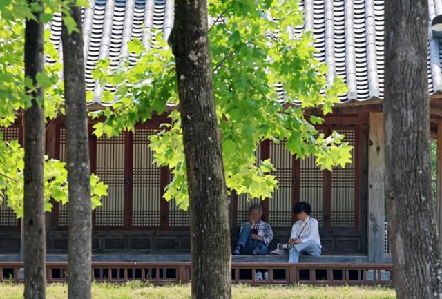 낮 기온이 33도까지 올랐던 이달 9일 강원 강릉시 초당동의 한 한옥 툇마루에서 시민들이 더위를 피해 휴식을 취하고 있다. 연합뉴스