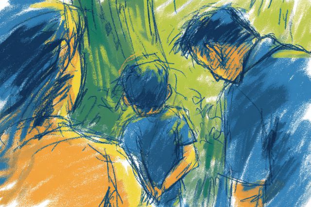 인공지능으로 그린 숲을 걷는 가족의 모습. 그래픽=손영하 기자·미드저니