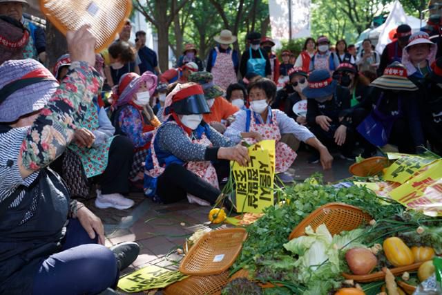 2023년 6월 13일 서울 중구 서울시의회 앞에서 노점상의 생존권 보장을 요구하는 제36차 6·13 정신계승 전국노점상대회에 참석한 시민들이 노점말살 조례 제정 중단을 촉구하며 들고 온 채소와 과일을 바닥에 던지고 있다. 한국일보 자료사진