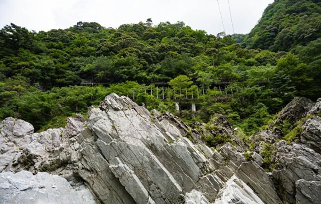 미요시시 오보케협곡의 단애가 비스듬히 융기돼 있다.