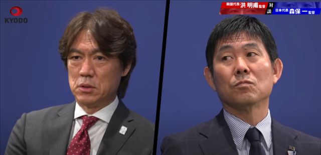 홍명보(왼쪽) 한국 축구 대표팀 감독과 모리야스 하지메 일본 축구 대표팀 감독이 10일 일본 교도통신이 유튜브 채널을 통해 공개한 한일 국교 정상화 60주년 기념 '한일 축구감독 대담'에 참석했다. 교도통신 유튜브 동영상 캡처