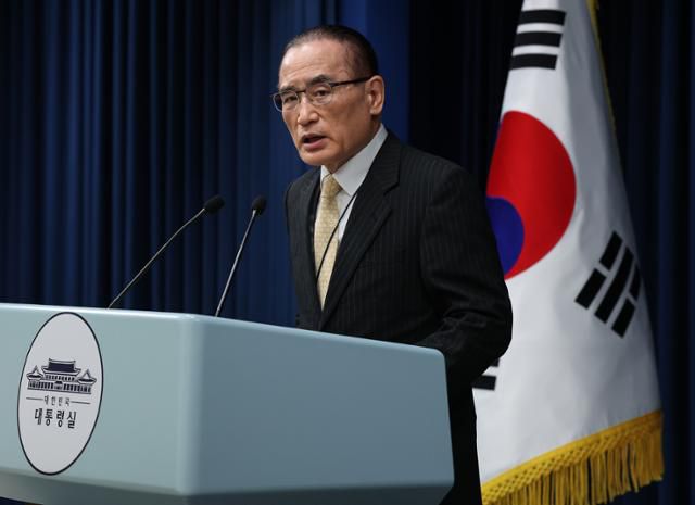 2박 3일간의 방미 일정을 마치고 귀국한 위성락 대통령실 국가안보실장이 9일 서울 용산 대통령실에서 브리핑을 하고 있다. 왕태석 선임기자