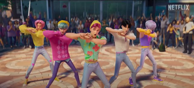 영화 '케이팝 데몬 헌터스'에서 보이그룹 '사자보이즈'가 '소다팝' 노래에 맞춰 군무를 추고 있다. 넷플릭스 유튜브 캡처