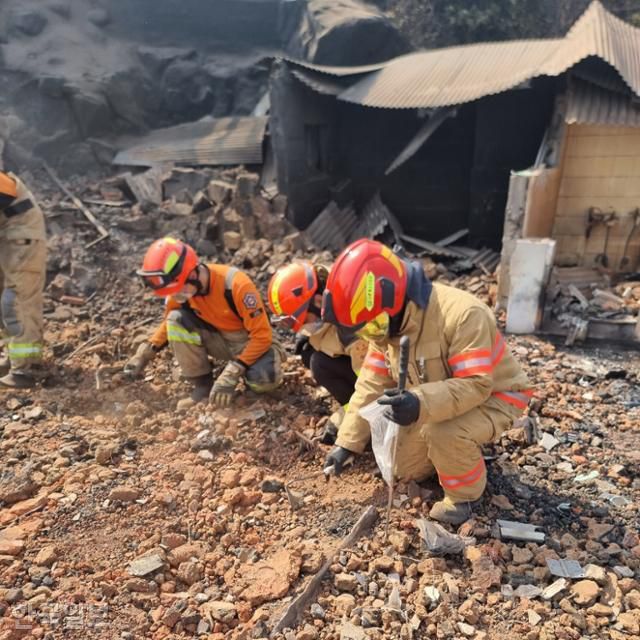 산불에 영남권이 초토화된 3월 26일 경북 영덕 석리에 파견된 소방구조대원들이 호미를 들고 이분순씨의 집 잔해에서 유골을 찾고 있다. 조양현 전남소방본부 119특수구조대장 제공