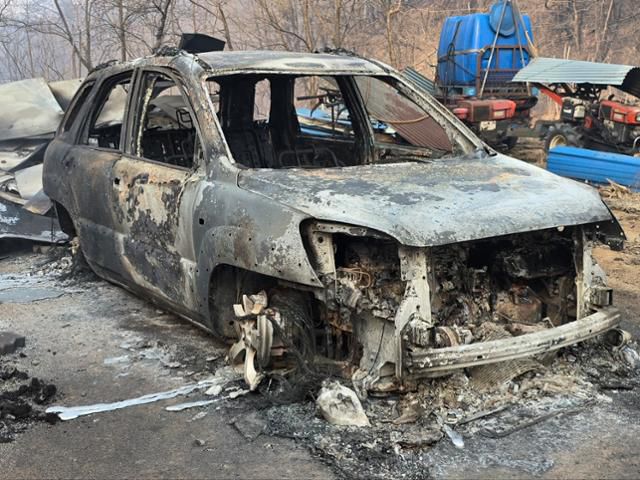 3월 26일 안동시 길안면 대곡2리 '대곡농원' 길가에 주차돼 있던 강석구씨의 스포티지 차량이 전소돼 있던 모습. 강씨 제공