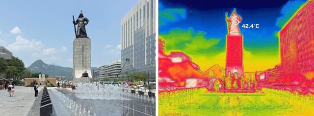 서울 한낮 기온이 37도까지 오른 8일, 서울 광화문광장의 열화상카메라 촬영 사진이 붉은색으로 가득하다. 열화상카메라는 온도가 낮을수록 푸른색, 높을수록 붉은색으로 표시한다. 최주연 기자