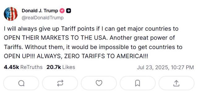 도널드 트럼프 미국 대통령이 23일 자신의 사회관계망서비스(SNS) 트루스소셜에 시장을 개방하면 관세를 인하하겠다고 썼다. 트루스소셜 캡처