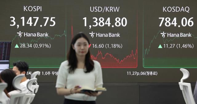 4일 서울 중구 하나은행 딜링룸 현황판에 코스피·코스닥 종가가 표시돼있다. 연합뉴스