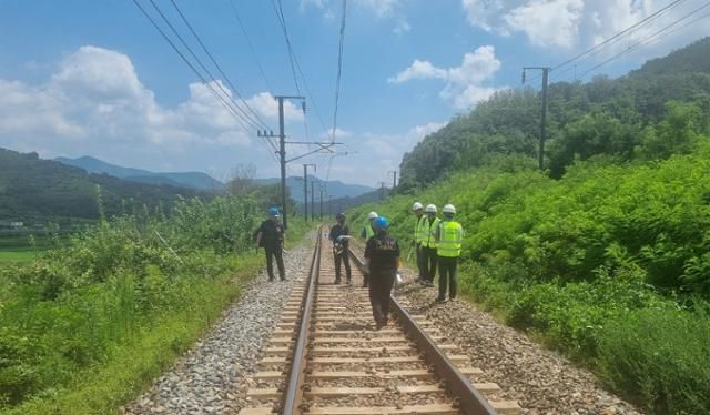 경찰이 20일 경북 청도군 무궁화호 열차 사고 현장에서 선로와 노반 폭을 측정하고 있다. 경북경찰청 제공