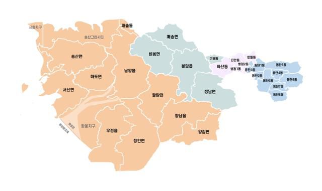 화성시 4개 일반구 관할 구역 구획안. 왼쪽부터 만세구, 효행구, 병점구, 동탄구. 화성시 제공