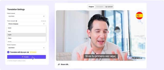 이스트소프트의 AI 더빙 서비스 '페르소닷에이아이'를 통해 AI 더빙을 진행하는 모습. 타깃 언어를 선택하고 Translate 버튼을 누르면 더빙 작업이 시작된다. 홈페이지 캡처