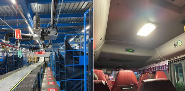 박지현 전 더불어민주당 비상대책위원장이 '쿠팡 알바' 후기를 페이스북에 공개하며 함께 게시한 물류센터 내부(왼쪽)와 이동용 셔틀버스 내부(오른쪽) 사진. 박 전 위원장 페이스북 캡처