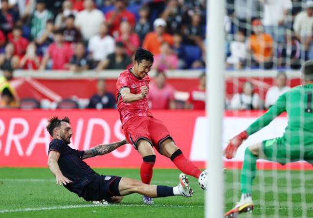 손흥민이 미국과 친선경기에서 전반 선제골을 넣고 있다. 해리슨=연합뉴스