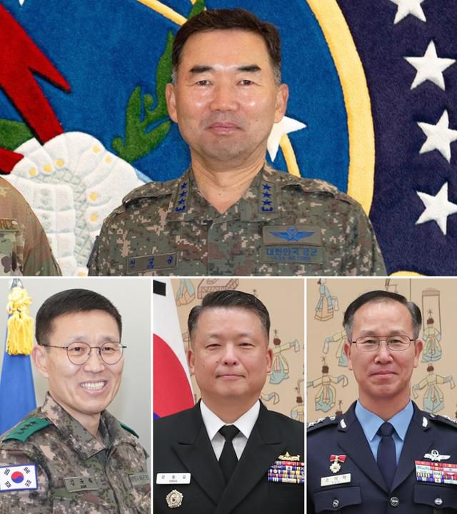정부가 군 수뇌부 인사를 1일 발표했다. 사진 위는 합참의장에 내정된 진영승 전략사령관, 사진 아래 왼쪽부터 육군총장에 내정된 김규하 미사일전략사령관과 해군총장에 내정된 강동길 합참 군사지원본부장, 공군총장에 내정된 손석락 공군 교육사령관. 연합뉴스 자료사진