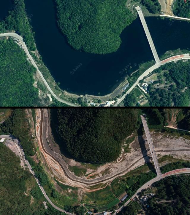 강릉 생활용수의 87%를 담당하는 오봉저수지가 저수율 12% 아래로 떨어지며 바닥을 드러냈다. 최근 위성사진(위)과 비교하면 차이가 극명하다. 카카오맵·강릉=하상윤 기자