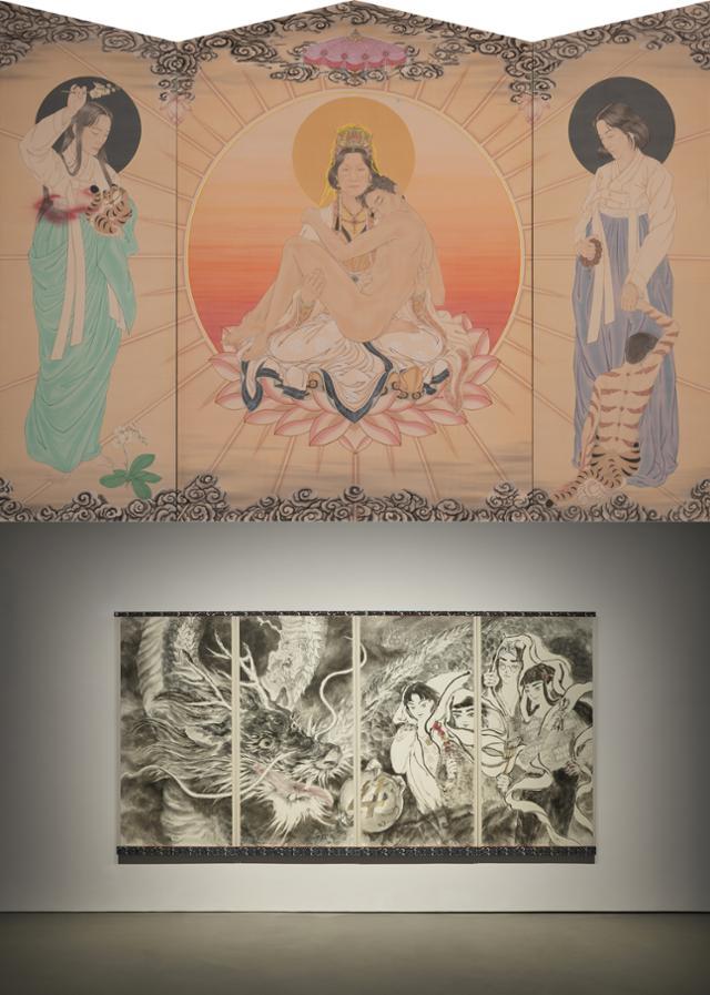 전남 3개 도시에서 개최 중인 전남국제수묵비엔날레 중 목포시 전시에 참가한 박그림의 '심호도-춘수'(위 사진)와 박지은의 '소녀사천왕과 청룡의 해'. 전남국제수묵비엔날레 제공