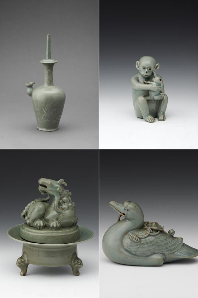 간송 전형필이 영국인 변호사 존 개즈비로부터 매입한 고려 청자. 모두 국가지정문화유산 국보로 보호받고 있다. 왼쪽 위부터 시계방향으로 청자 상감연지원앙문 정병, 청자 모자원숭이모양 연적, 청자 오리모양 연적, 청자 기린형뚜껑 향로. 간송미술문화재단 제공